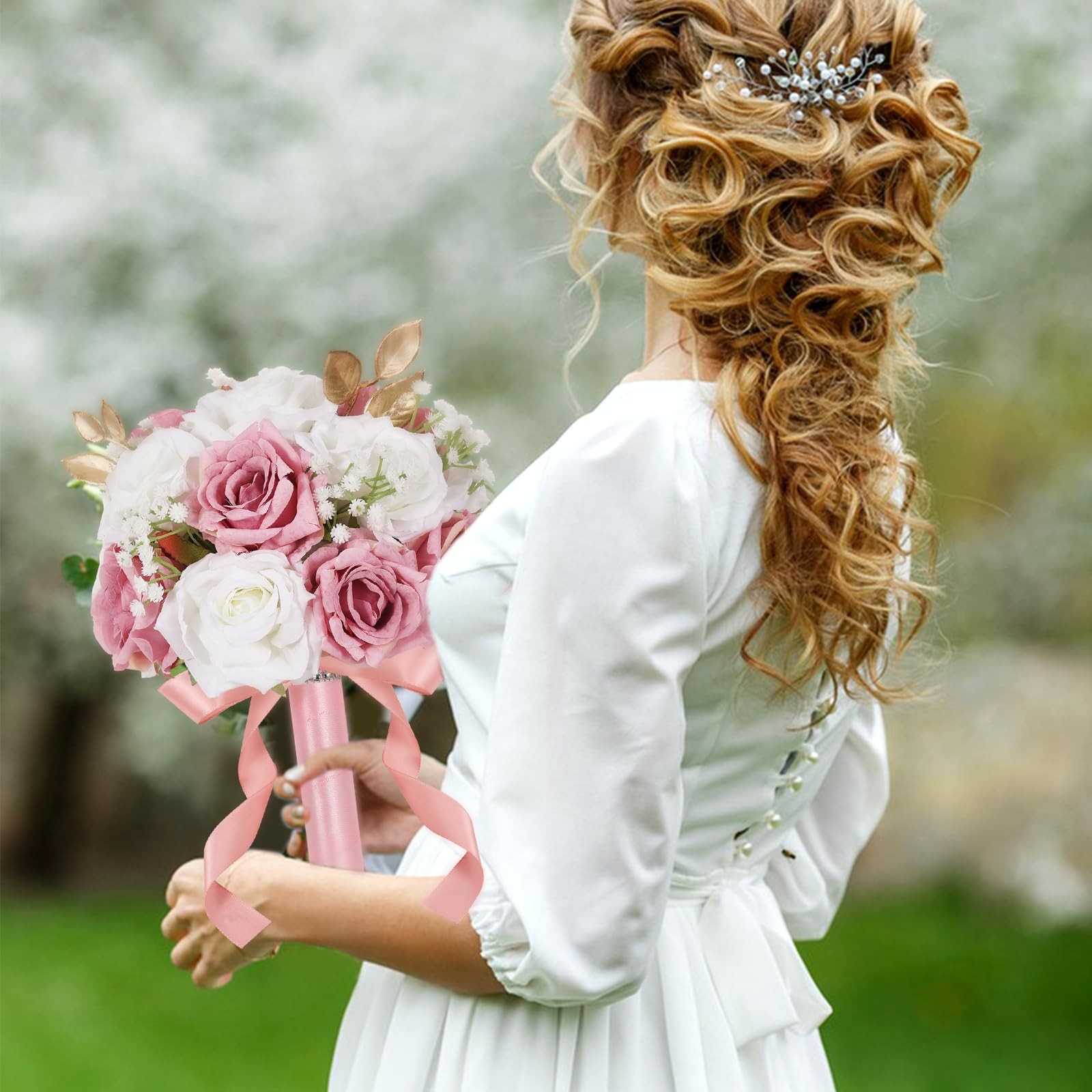 Wedding Bouquet For Bride Realistic Silk Artificial Roses White Pink 9 Inch