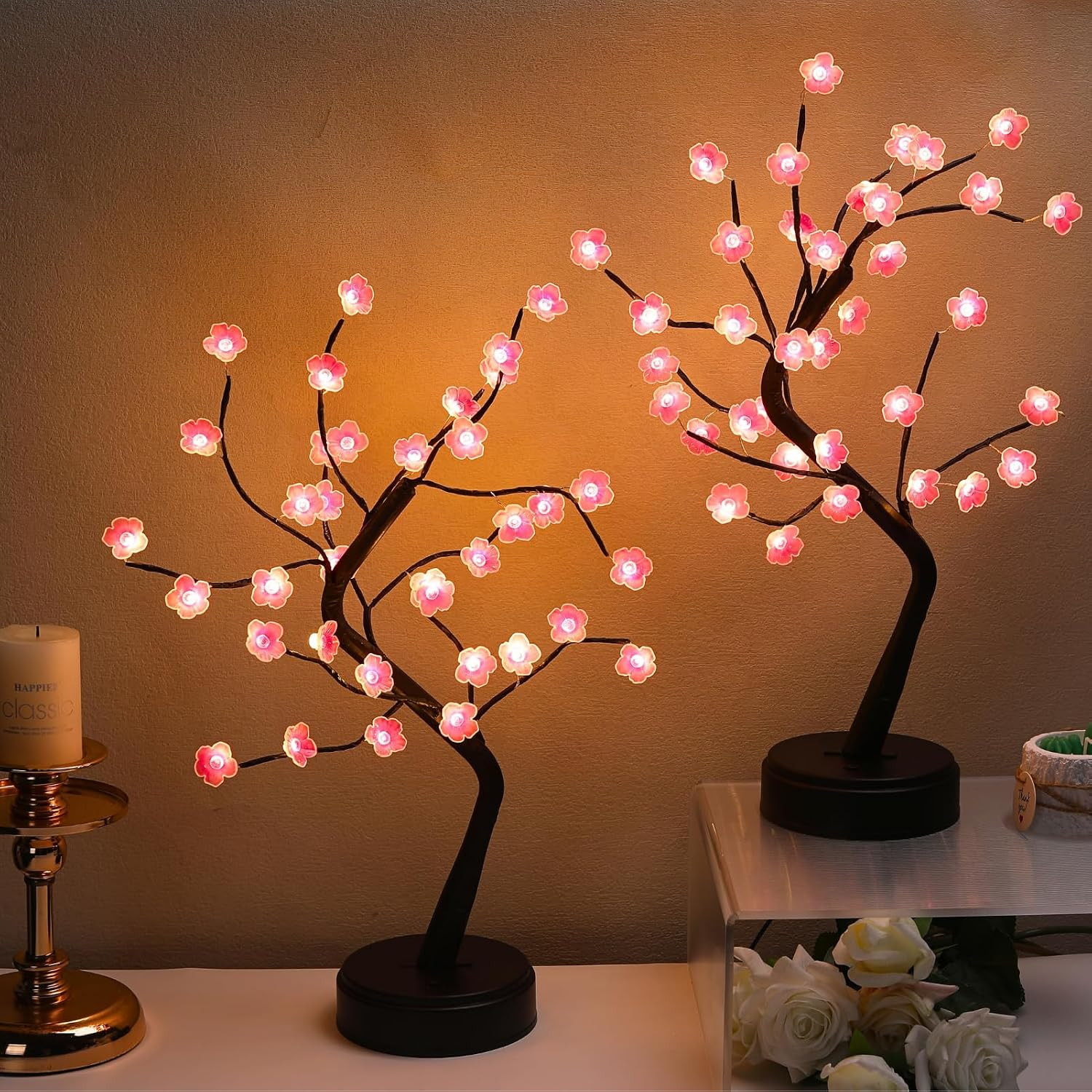 2 Cherry Blossom Bonsai Tree Lights, 36 LED Tree Lights, Japanese Style Decorati