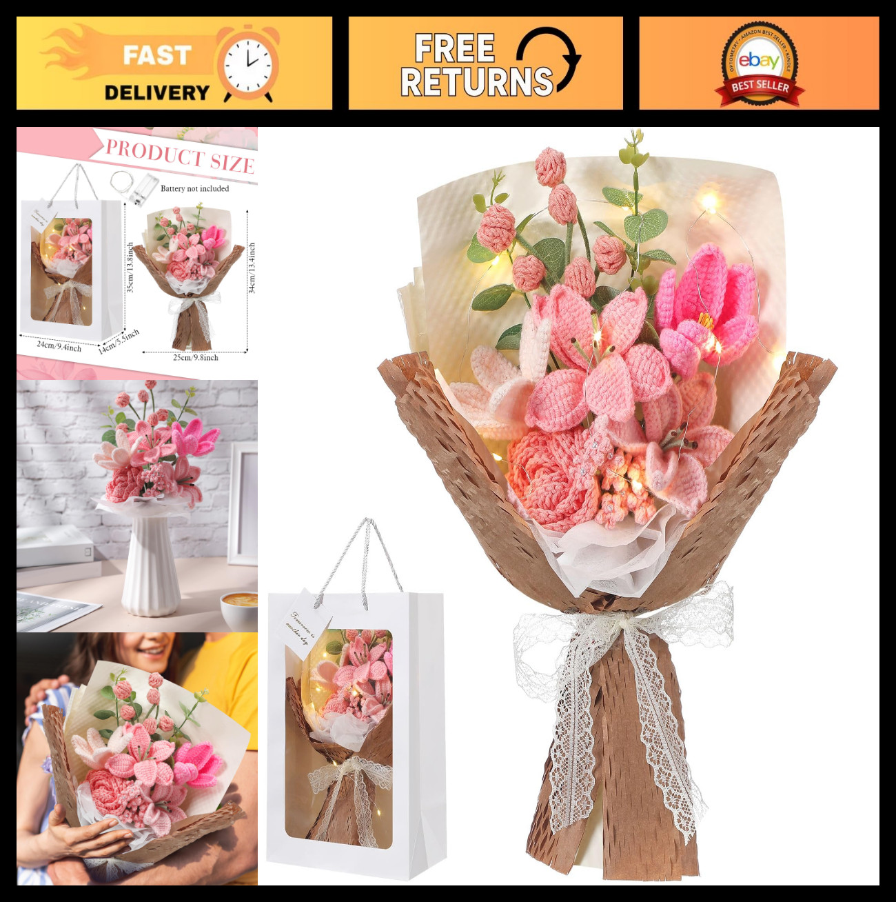 Handmade Crochet Flower Bouquet – Knitted Lily Tulips Rose Gift for Graduation,