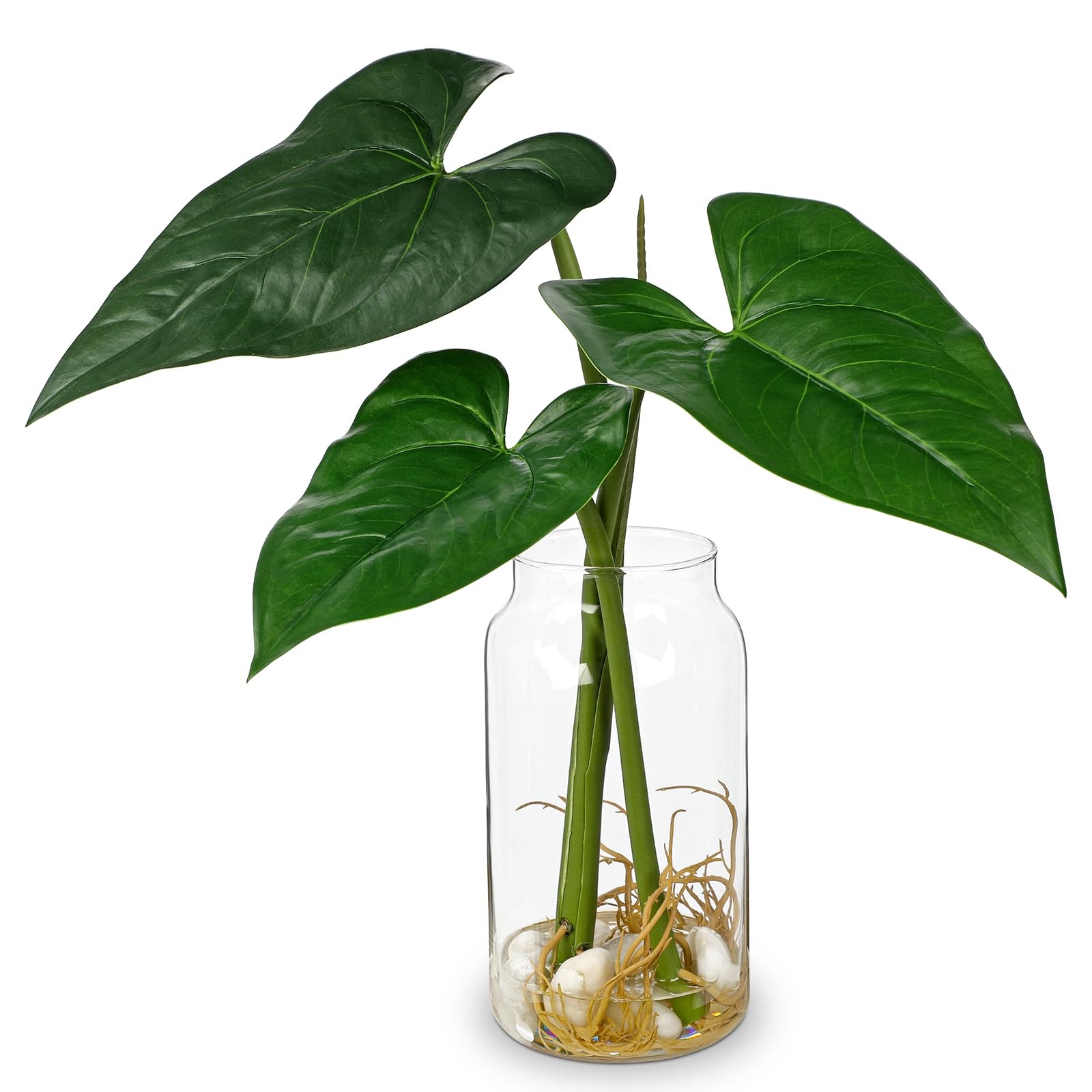 Artificial Tropical Plant in Glass Vase with Faux Water & Pebble – 16.5″ Fake…