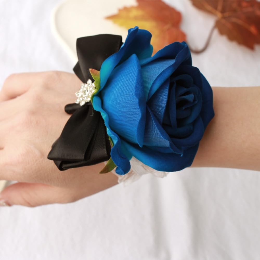2 PCS Wrist Corsage Rose Boutonniere Set Wedding Prom Hand Decor Black Blue