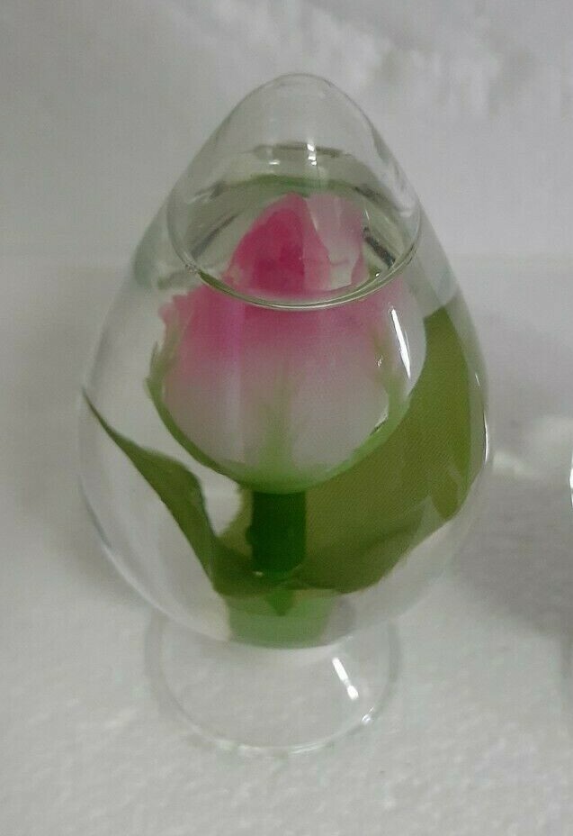 Vintage Eleco Water Globe Set Pink Purple Blue Silk Flower Ornament Taiwan 1970s