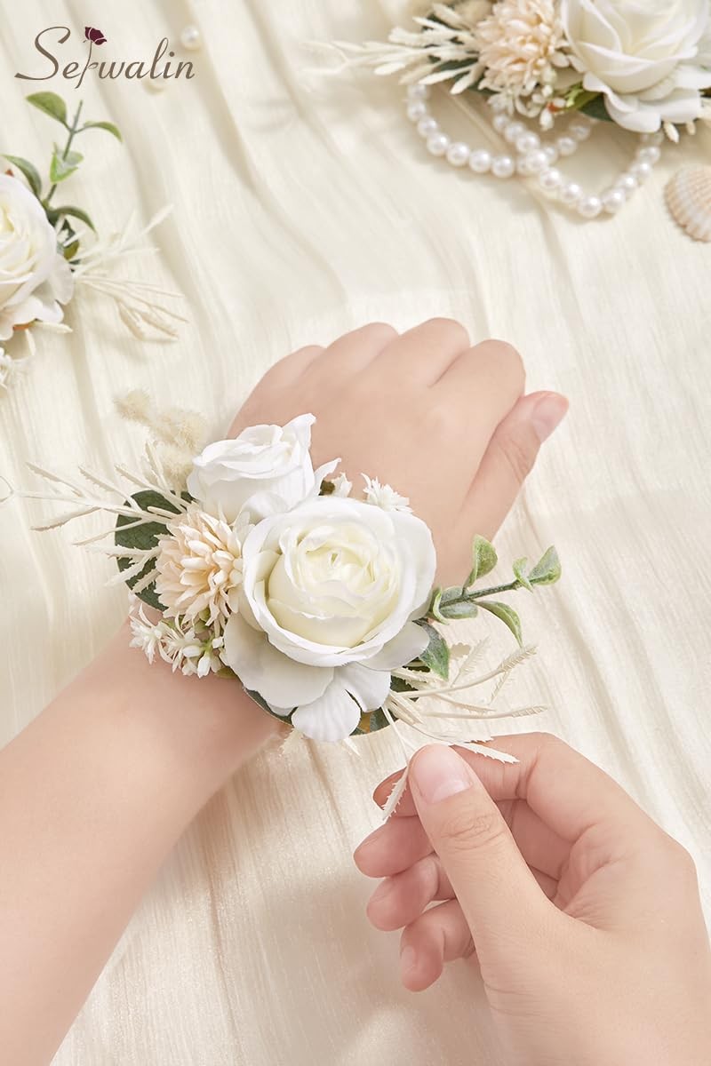 2 PCS White Wrist Corsage Wedding Wristlet Bridesmaid Artificial Flowers