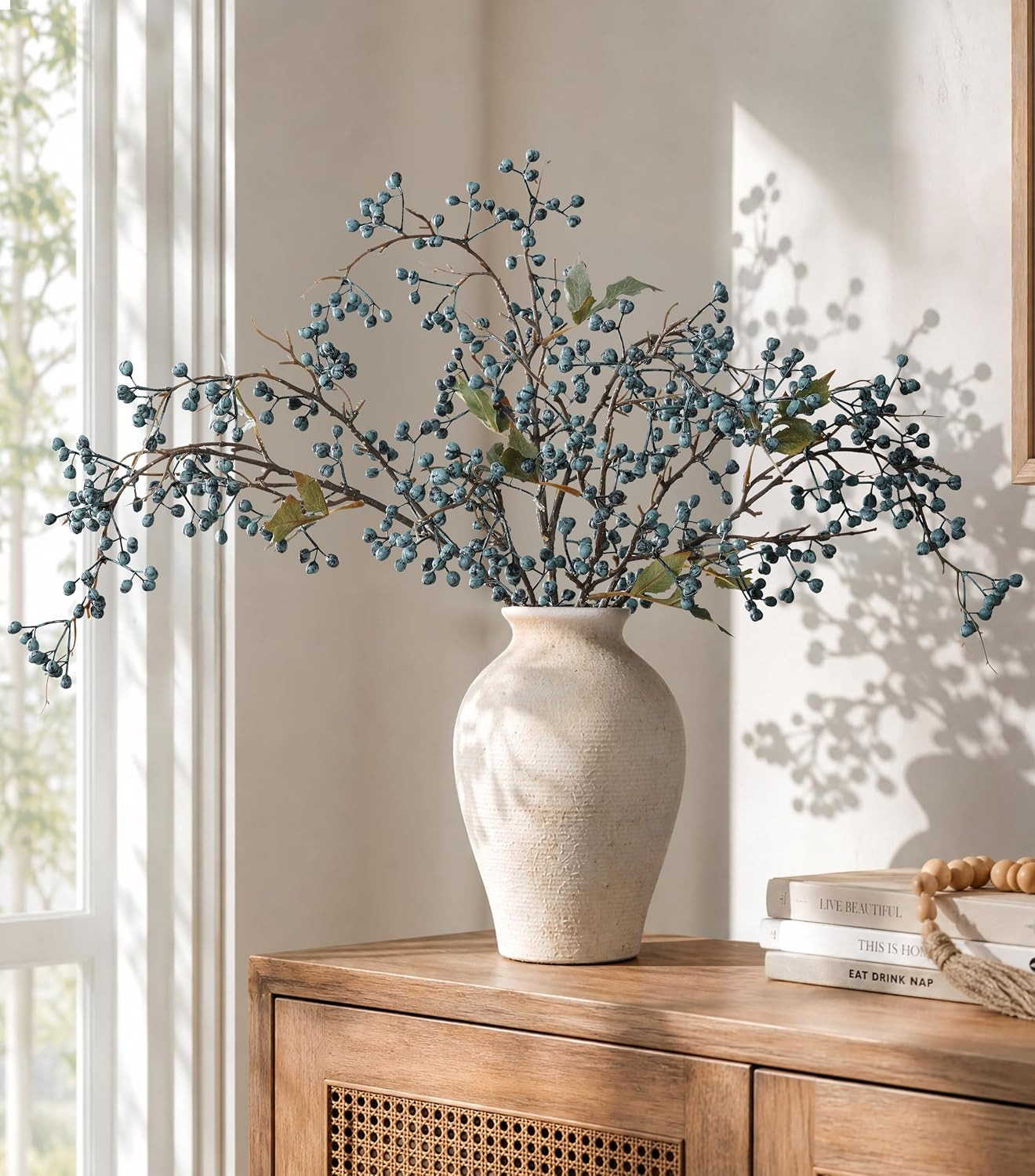 HyeFlora 4 Pcs Artificial Blueberry Stems, 32 Inch, Dual Blue Rose | Faux Berry