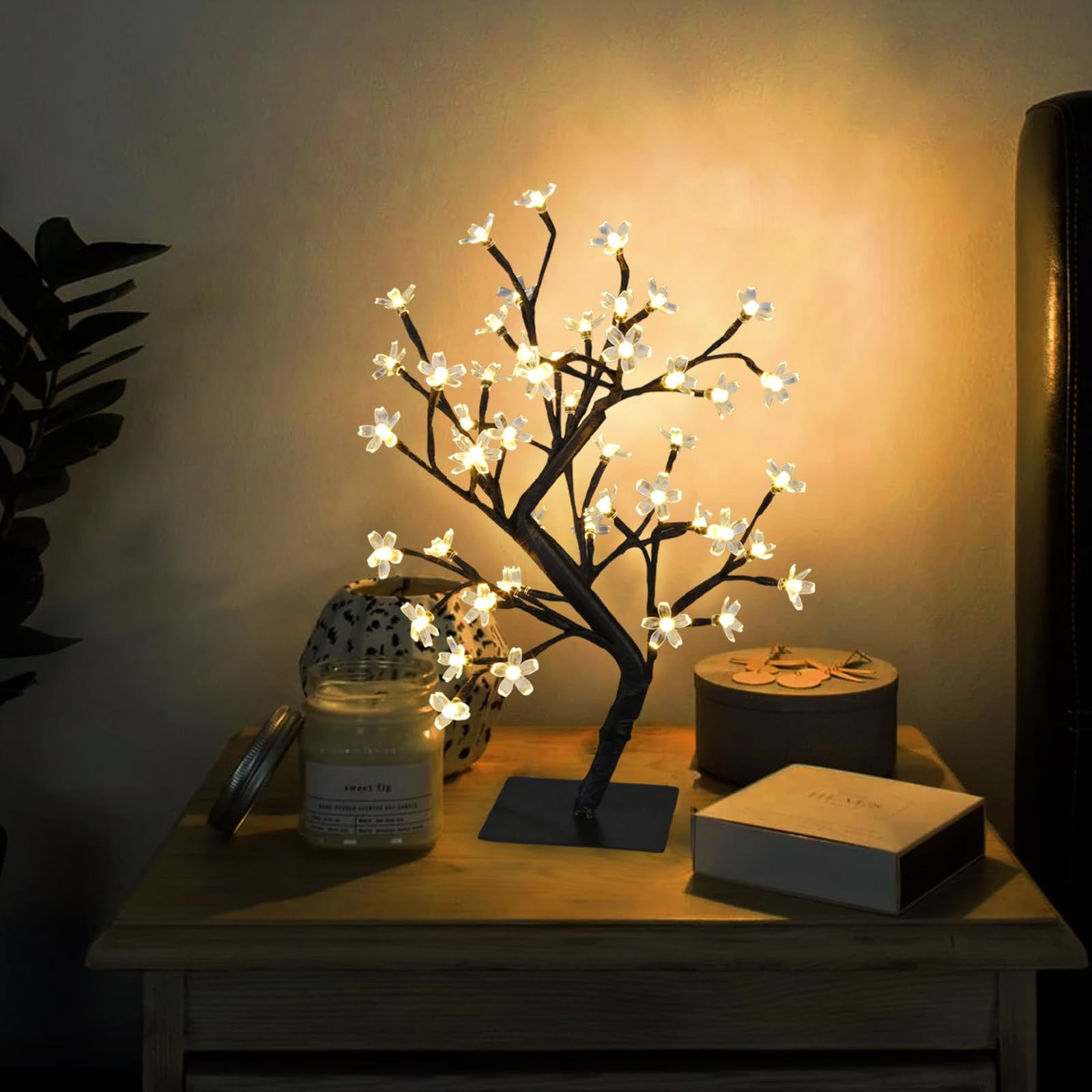 17.5 Inch Lighted Cherry Blossom Tree 48 Warm White Lights Plug Bonsai Decor