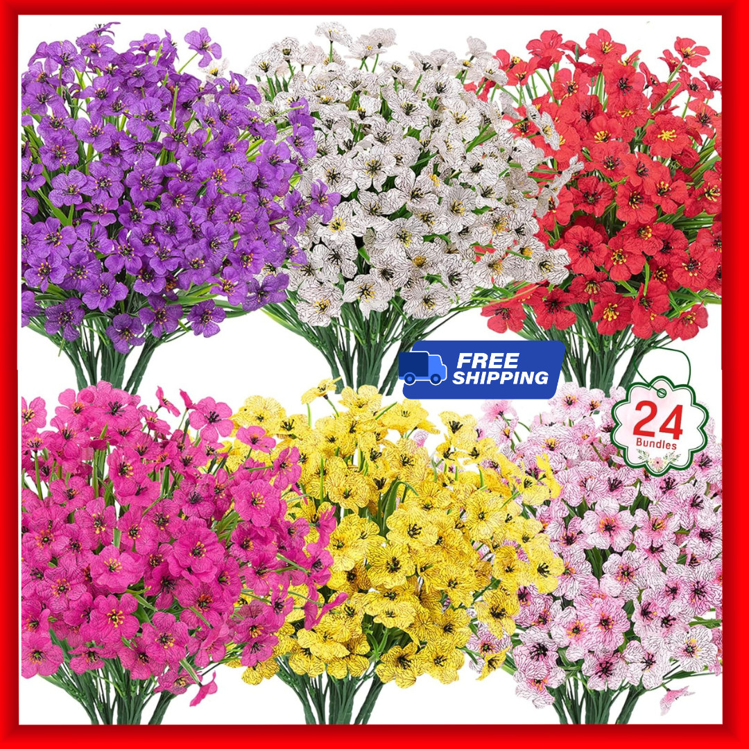 24 Bundles Artificial Flowers for Outdoors UV Resistant Silk Fake Flowers Faux P