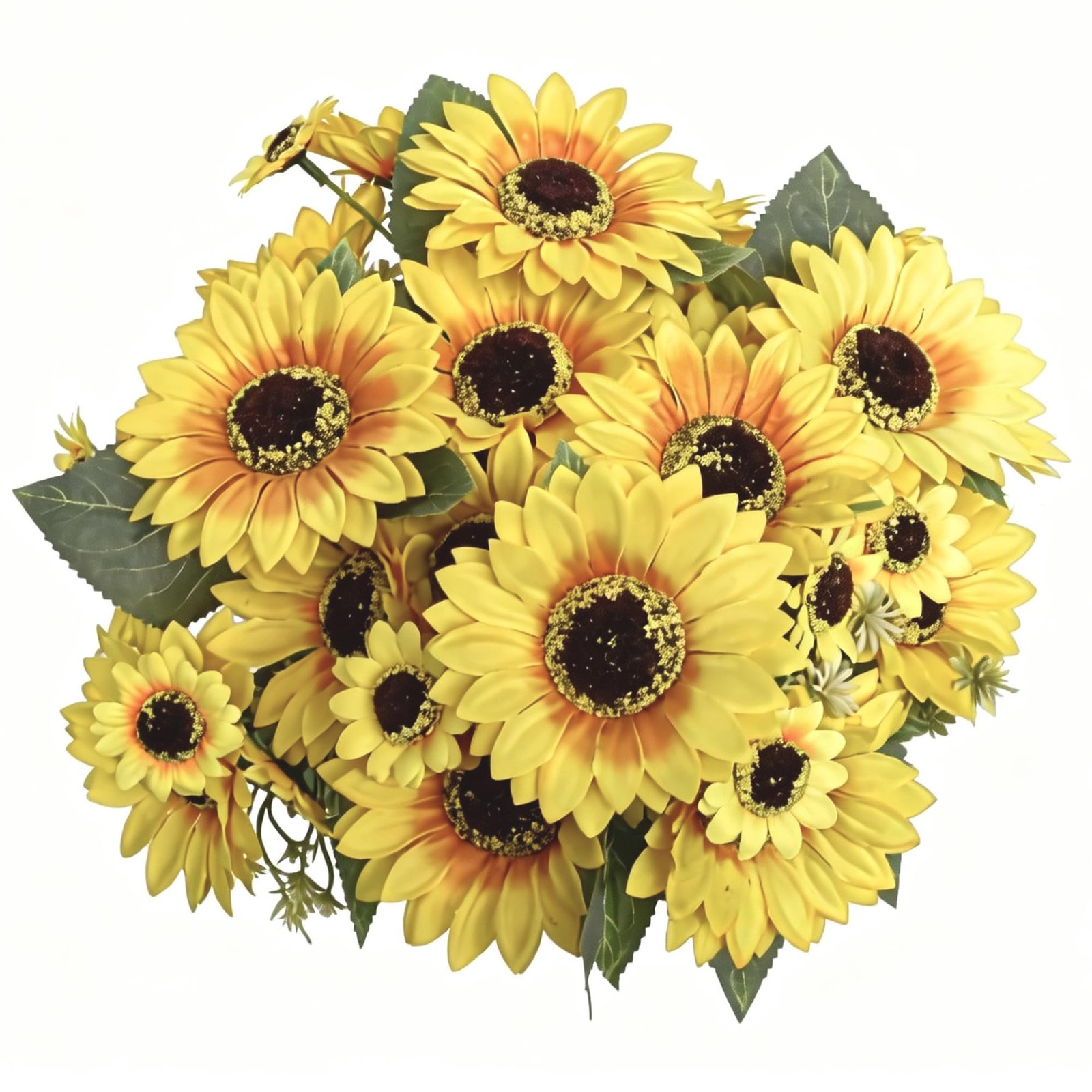 Artificial Sunflower Bouquets 2 Pack 12 Inch Faux Flowers 5 Large Heads Green Le