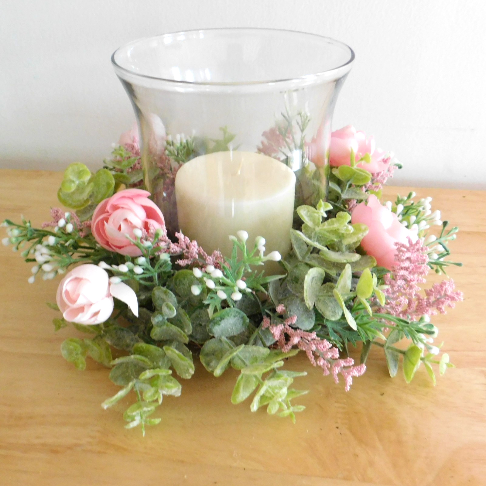 Dusty Miller Mini Wreath, Eucalyptus, Pink Flowers, Candle Ring