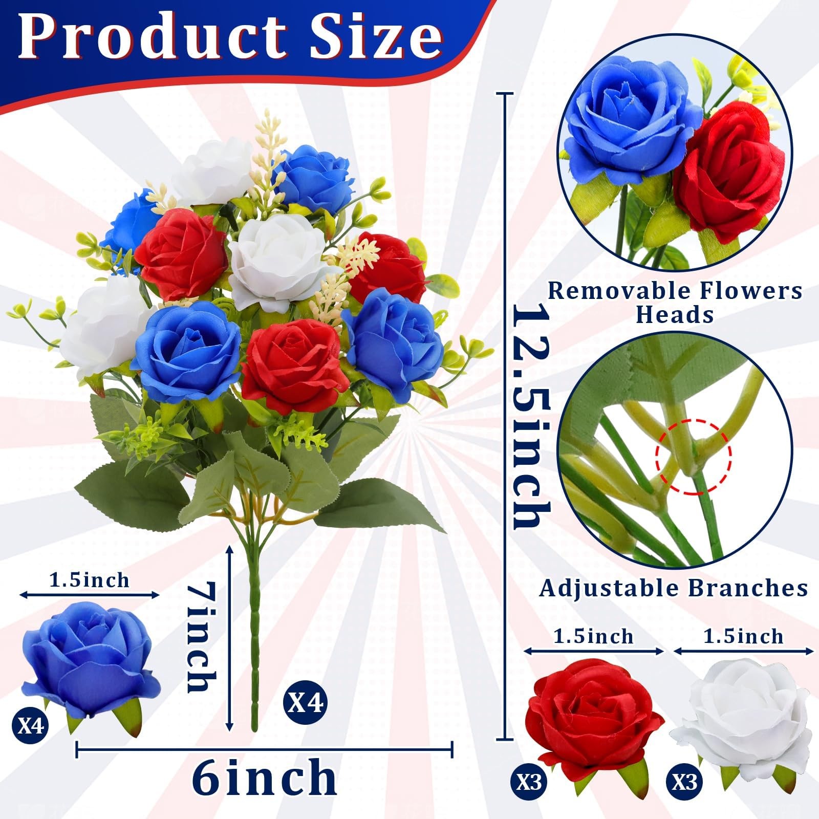 4 Bouquets Artificial Red White and Blue Patriotic Flowers 4th of July Decora…