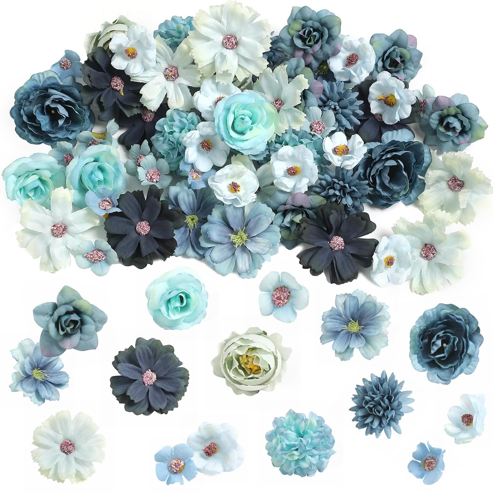 45 PCS Blue Small Silk Artificial Flower Faux Mini Rose Daisy Craft Supply