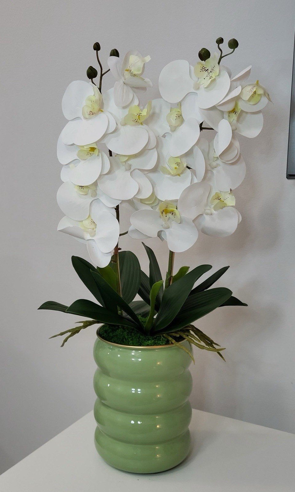 Artificial White Orchid Floral Arrangement in Green Ceramic Pot or Vase
