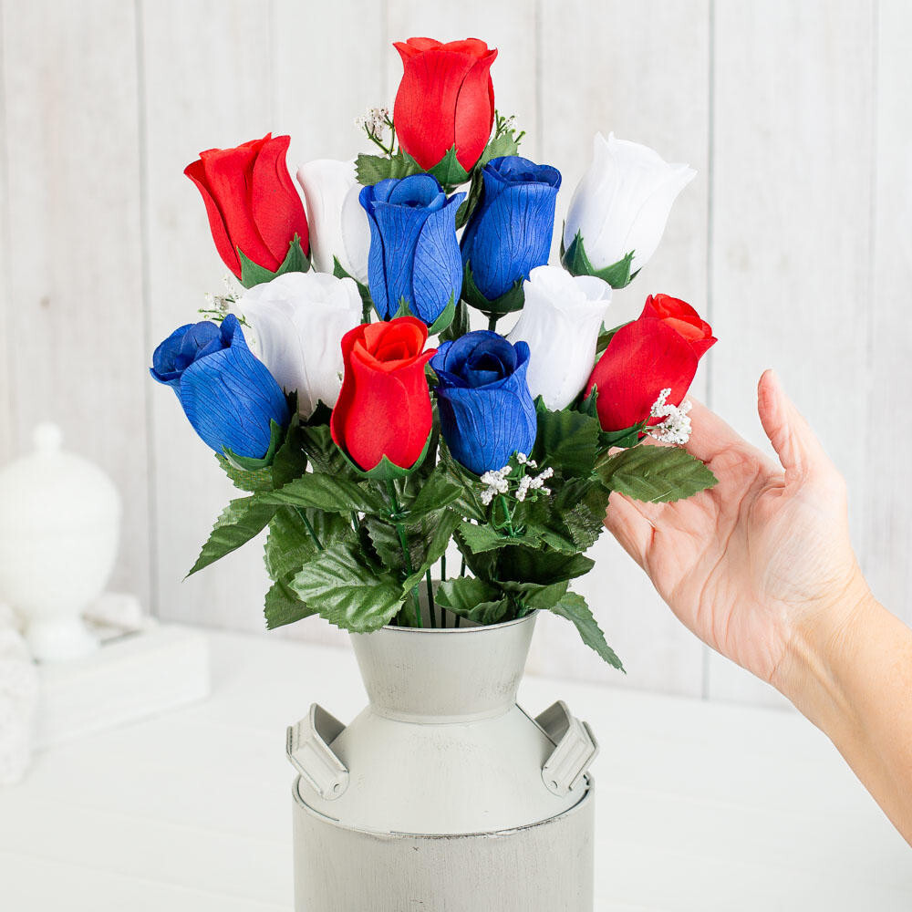 Set of 4 Red, White and Blue Patriotic Artificial Rose 20″ Floral Bushes