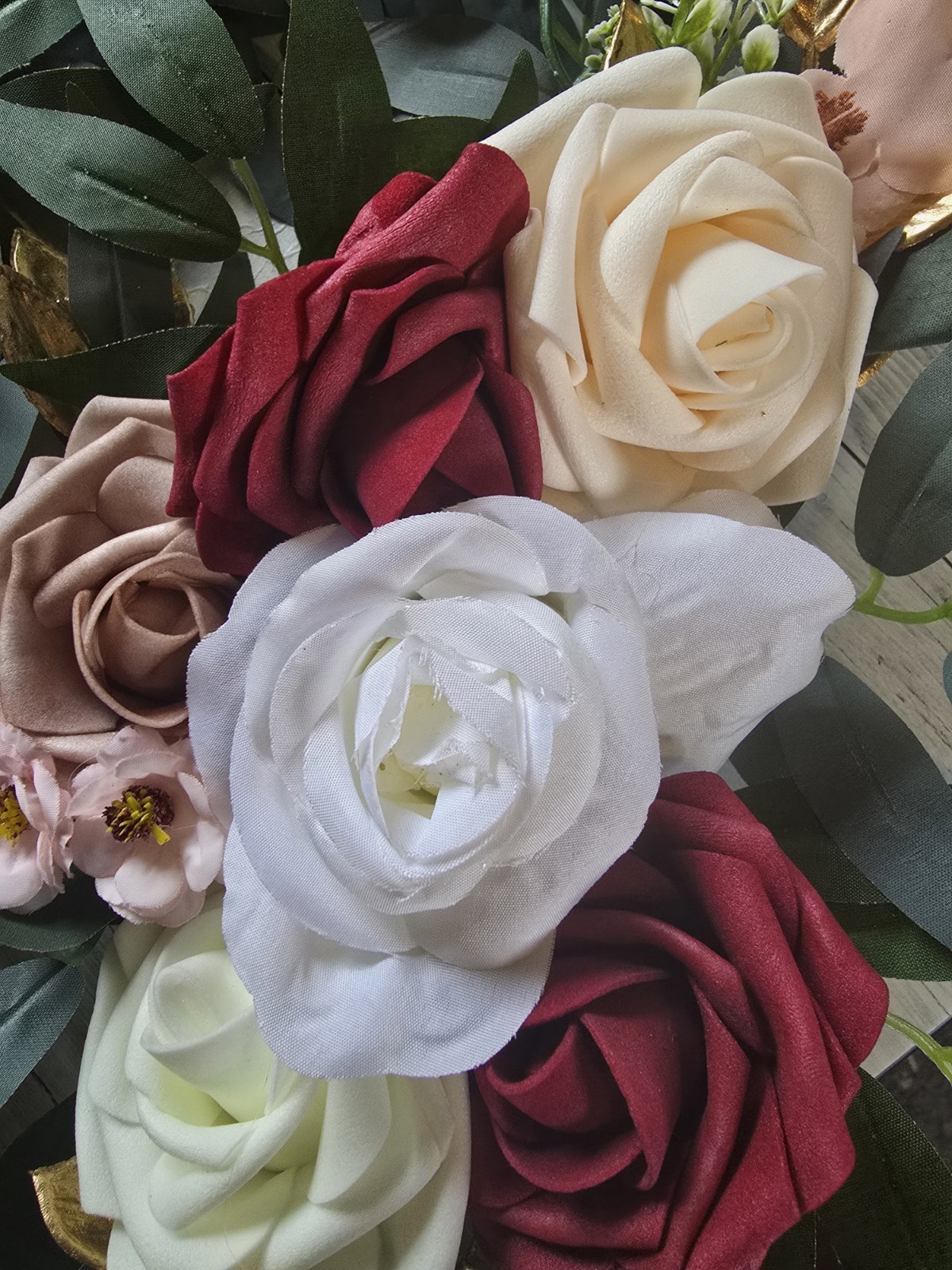 Artificial Rose & Eucalyptus Floral Swag Door Decoration Red White Green Gold