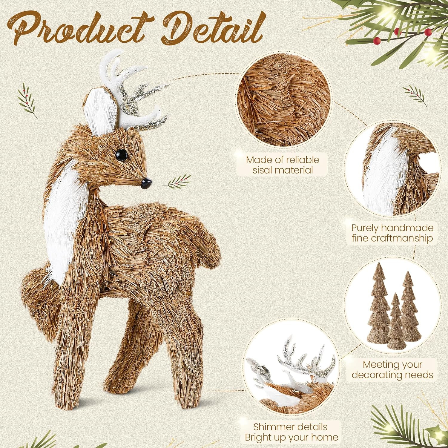 5 Pcs Christmas Sisal Reindeer Tree Centerpieces Table Fireplace Decor Christmas