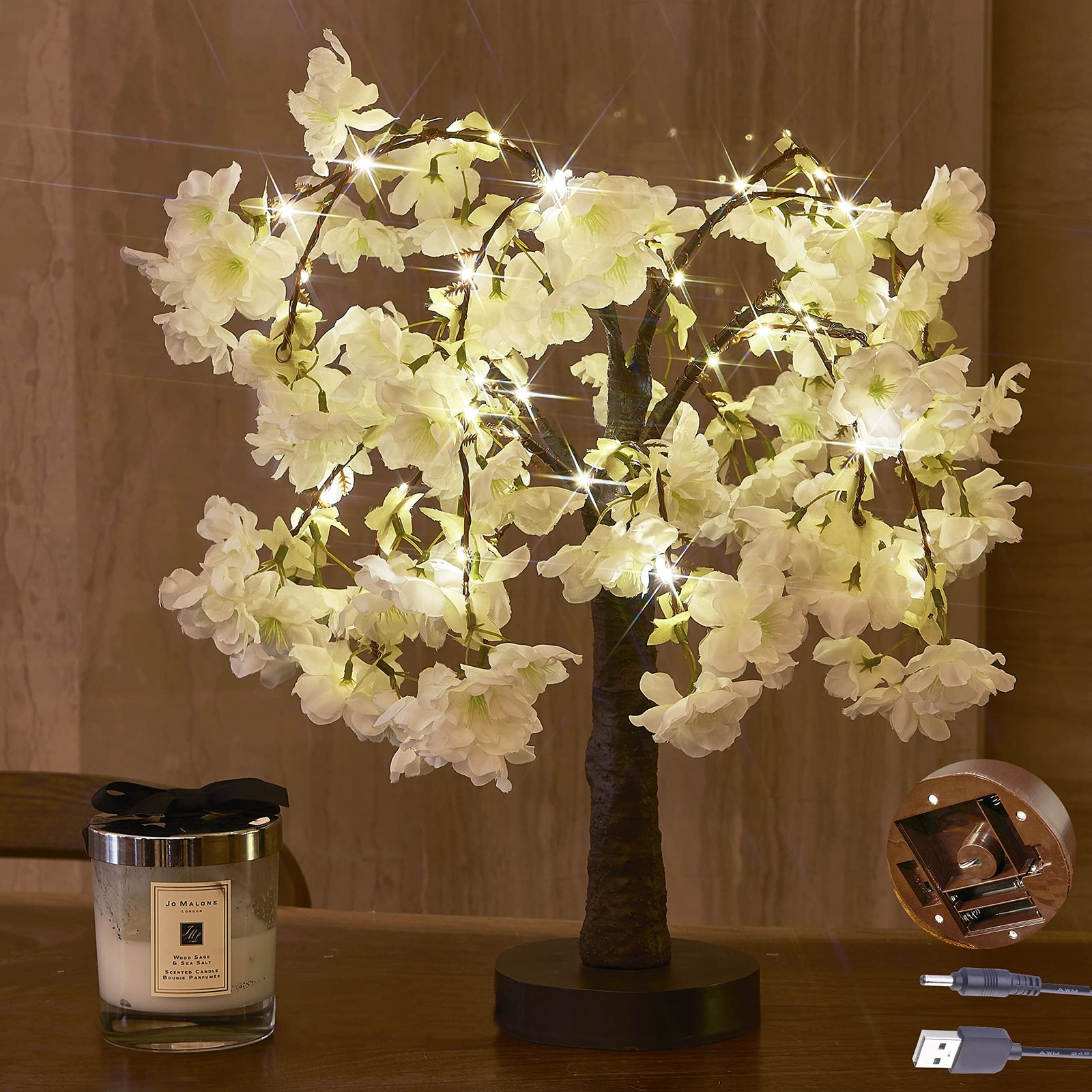 Lighted White Cherry Blossom Artificial Bonsai Tree 18Inch 40 LED USB Timer