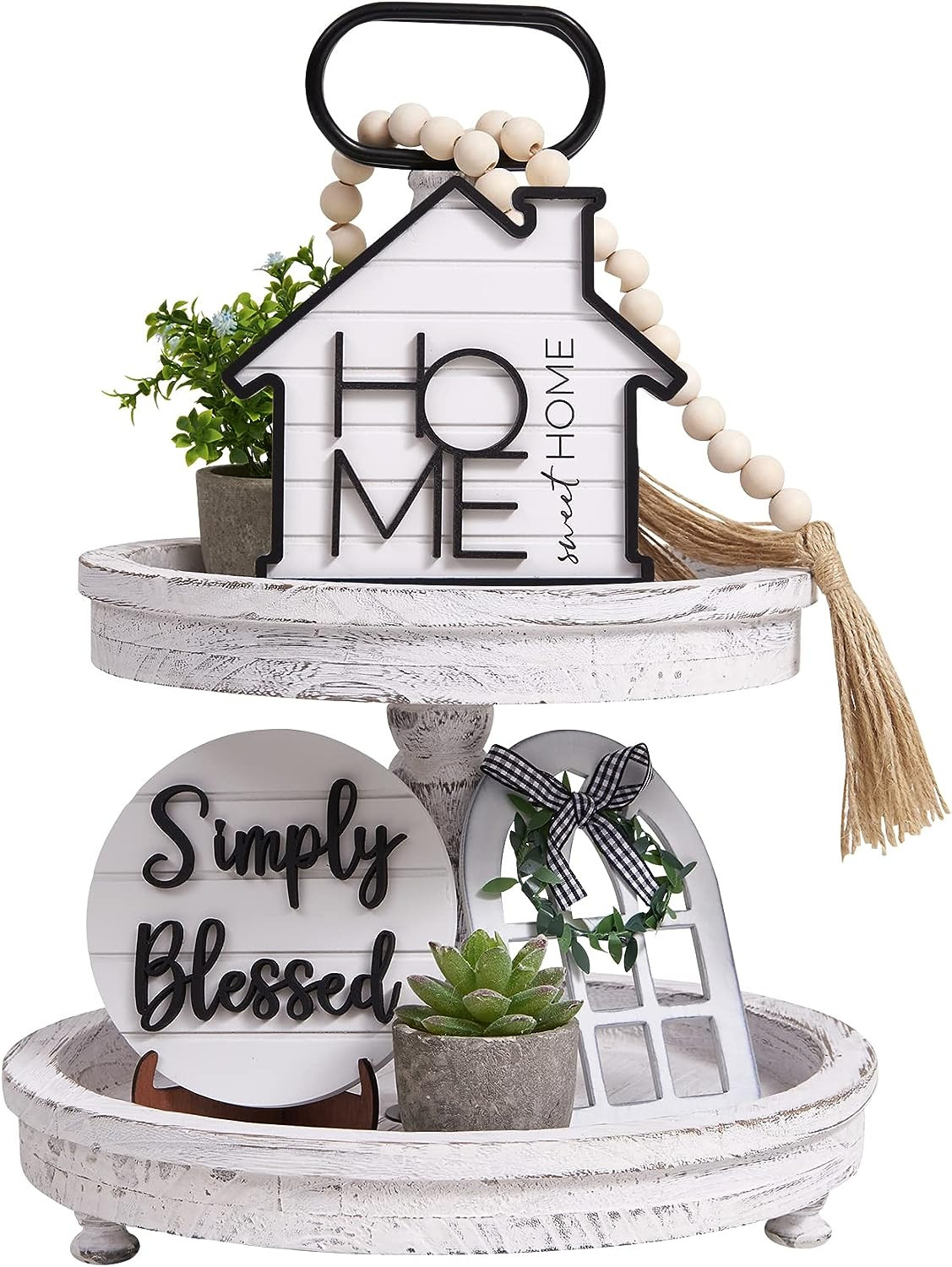 Set of 8 Farmhouse Tiered Tray Decor with 1 Artificial Succulent Plant & 1 Artif