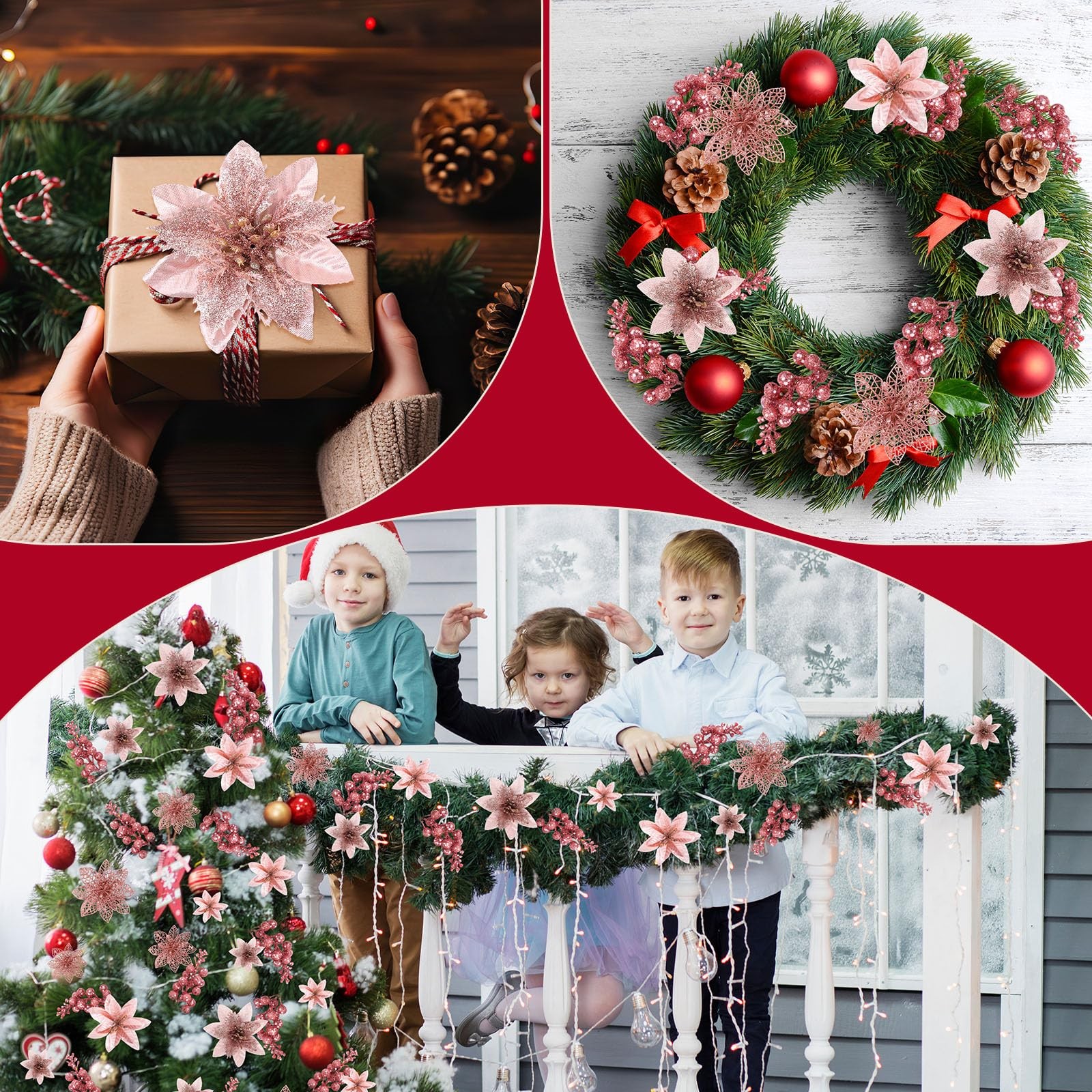 Rose Gold Christmas Glitter Poinsettia Flowers 48 PCS with Clips Berries