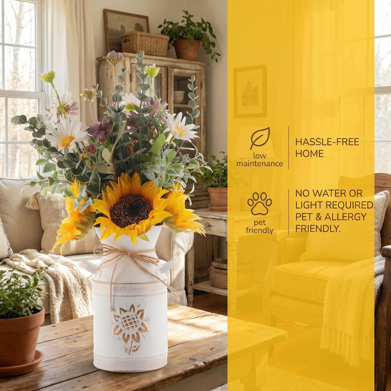 Yellow Artificial Sunflower Silk Flowers In Metal Vase Faux Kitchen Decor Gift