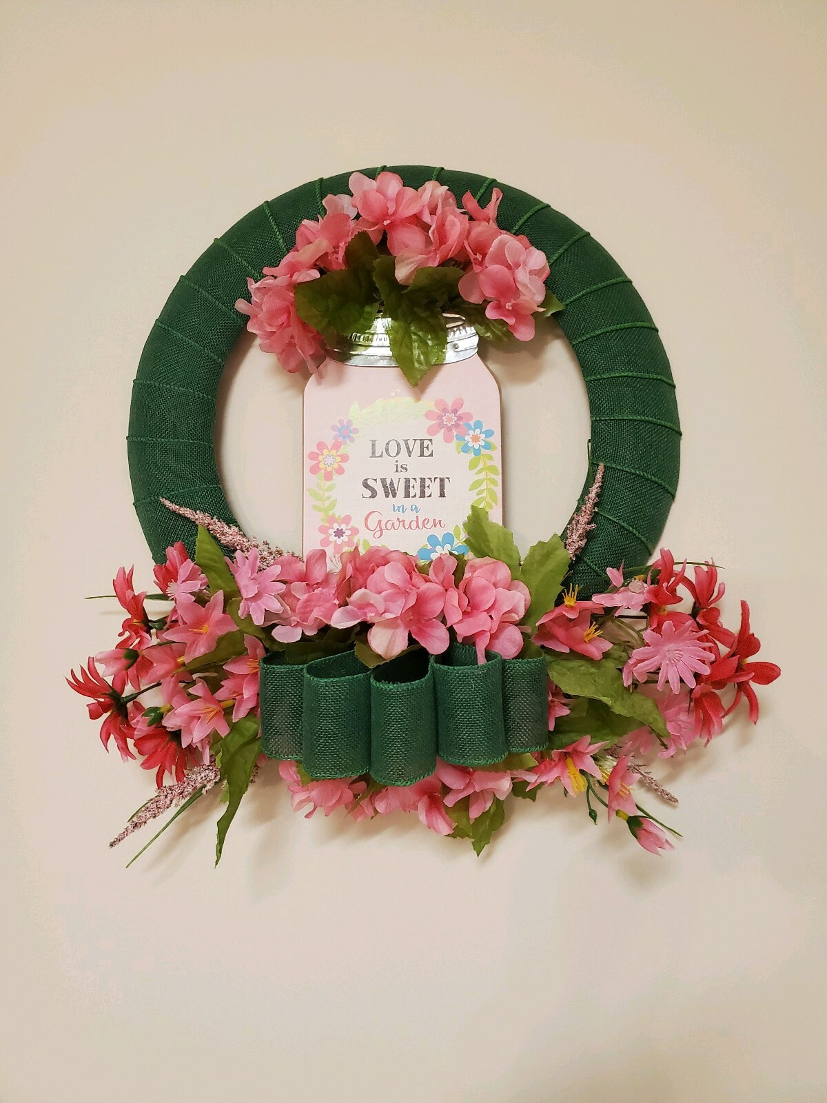 Wreath “LOVE is SWEET in a garden” Green burlap mesh Pink flowers Decor Door 15″
