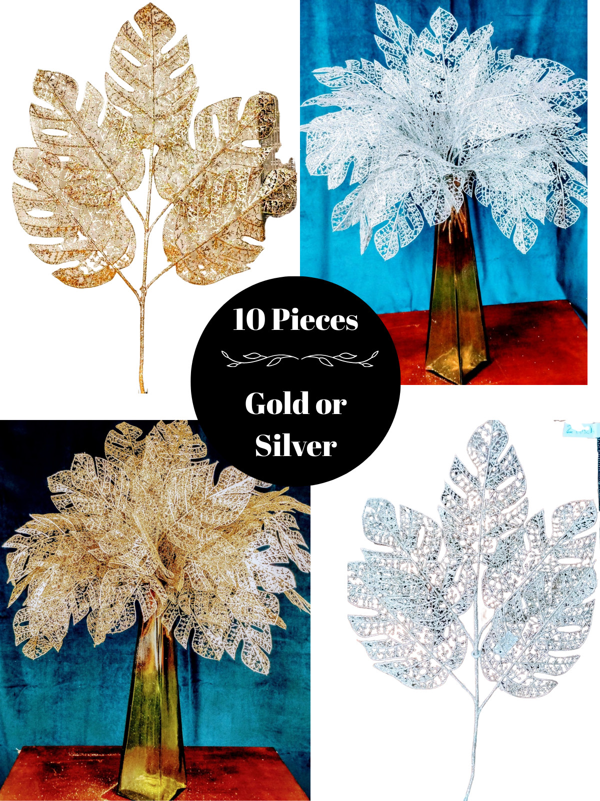 24″ Glitter Leaf Pick Stems Lot of 10 Artificial Floral Holiday Craft Decor