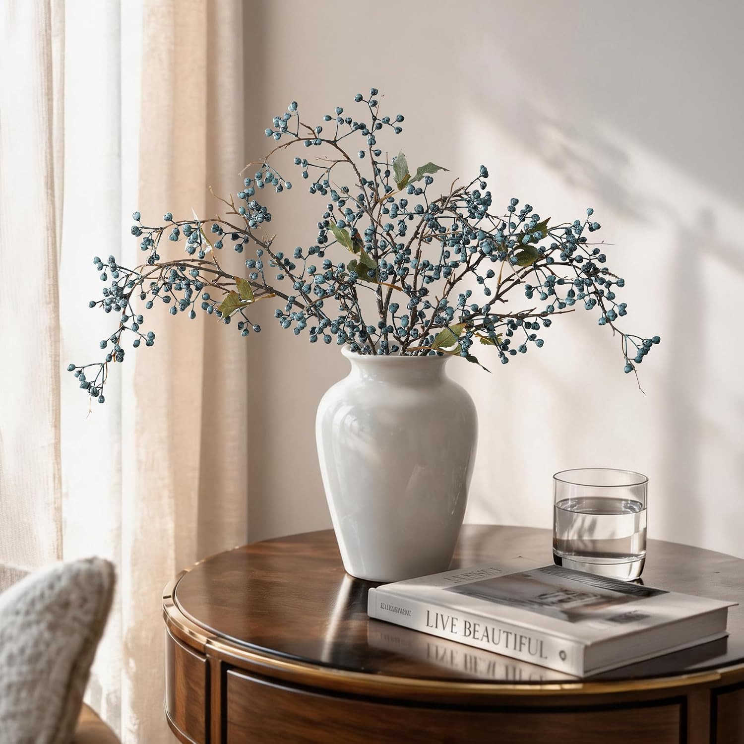 HyeFlora 4 Pcs Artificial Blueberry Stems, 32 Inch, Dual Blue Rose | Faux Berry
