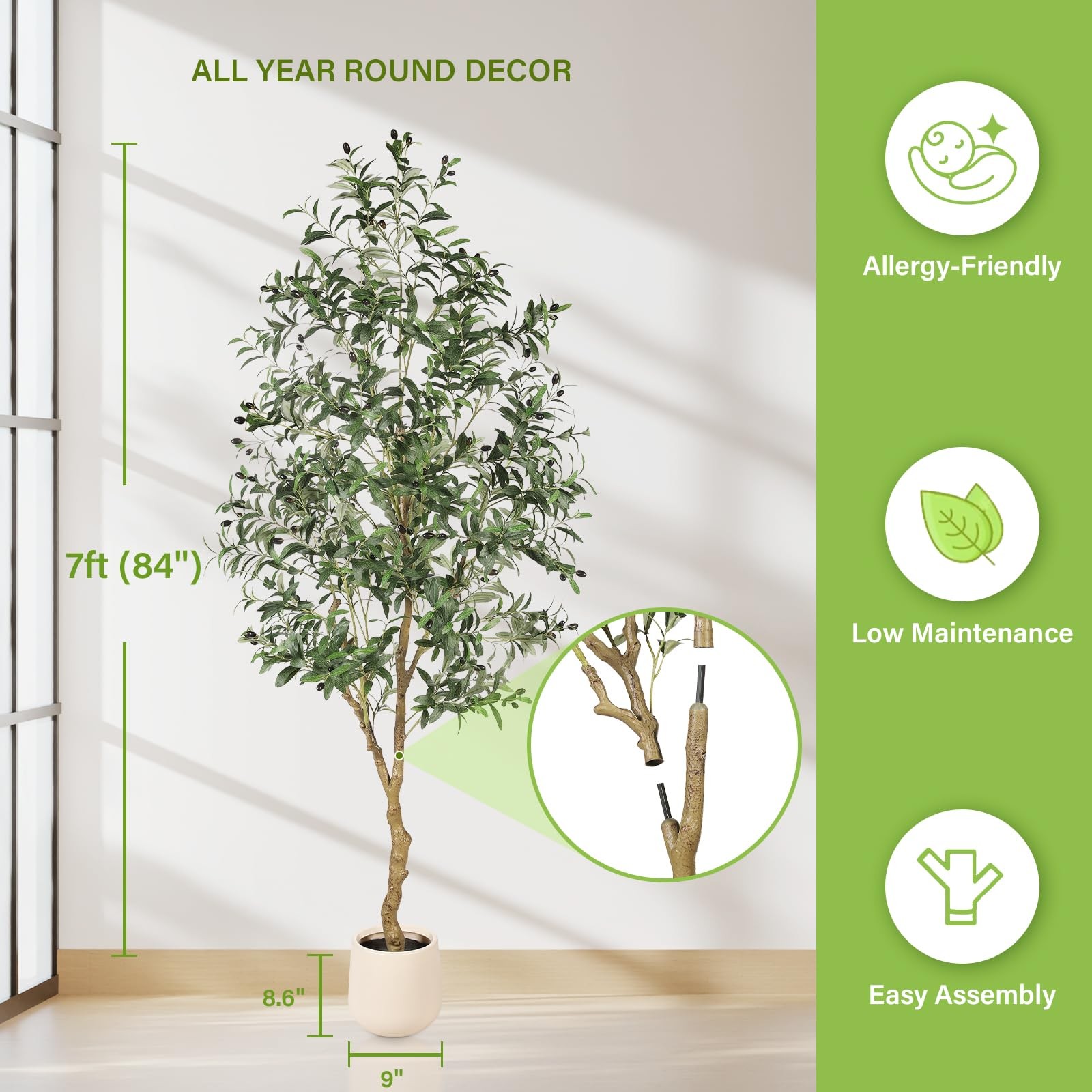 7ft Olive Trees Artificial Indoor – Tall Faux Olive Tree 7 feet (84″) with Po…