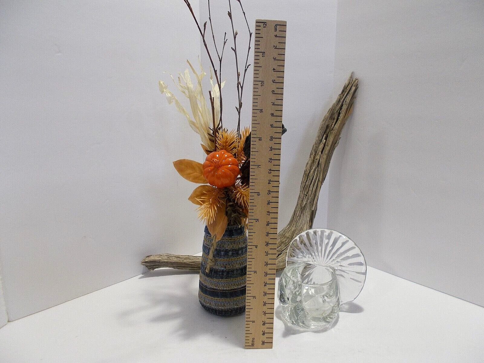 Recycled Denim Jeans Seams Vase w Denim Rose & Vtg. Glass Turkey Candle Holder