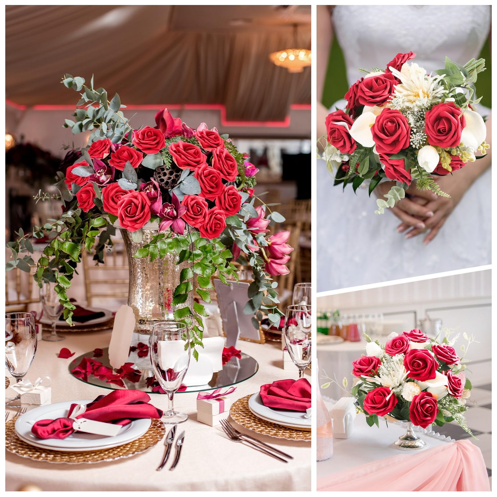 100 Pcs Artificial Flowers Real Looking Rose Flowers Foam Fake Roses With Leaves