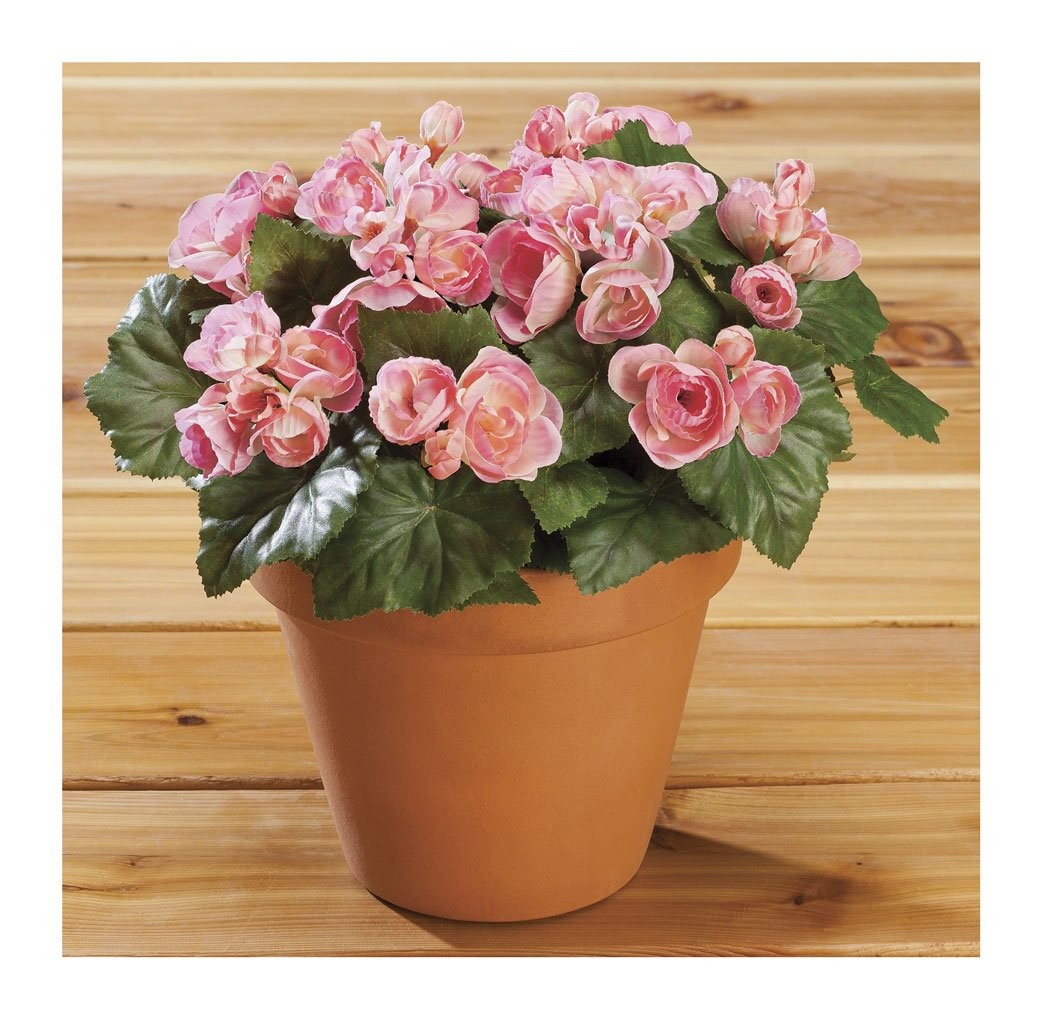 Silk Begonia Bush – Artificial Flowers Outdoor Décor – Pink, 10” Long