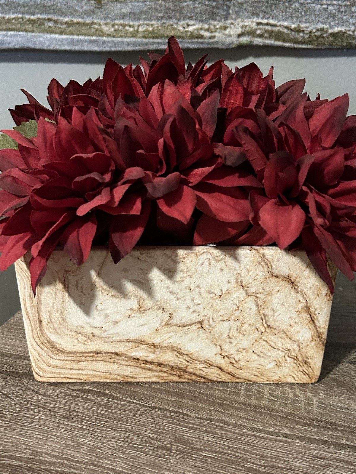 Heavy Faux Stone Planter Deep Red Silk Dahlias Floral Arrangement Centerpiece