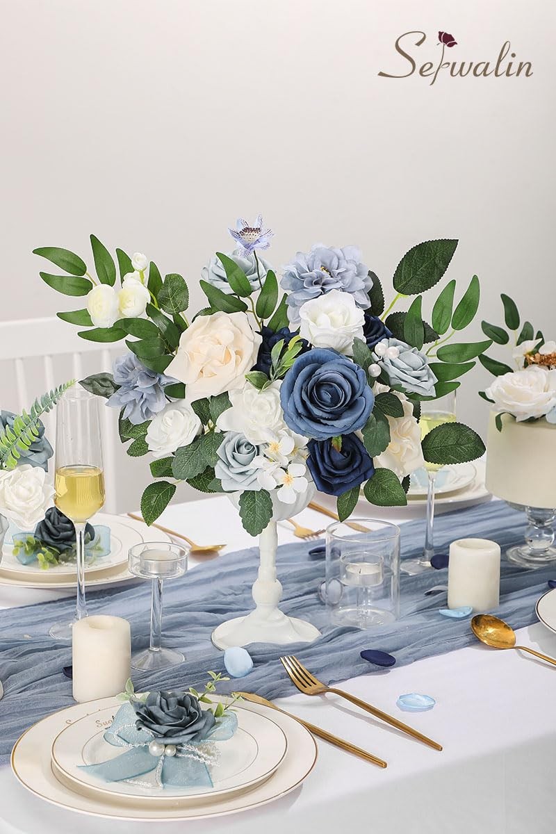 Serwalin Artificial Flowers, Dusty Blue Fake Flowers, Silk Foam Wedding Flowe…