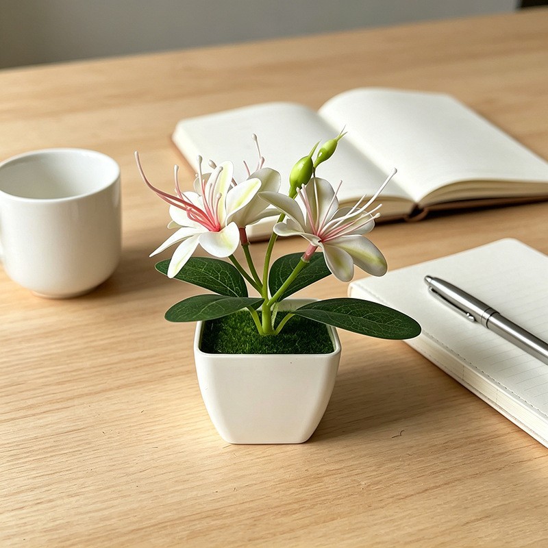 Artificial Jasmine Arrangement 4.9 inches in White Square Pot with Moss Liner
