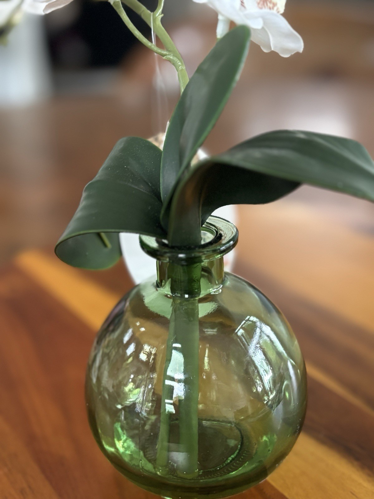 Flora Bunda Real Touch Artificial White Orchid Arrangement Green Glass Vase