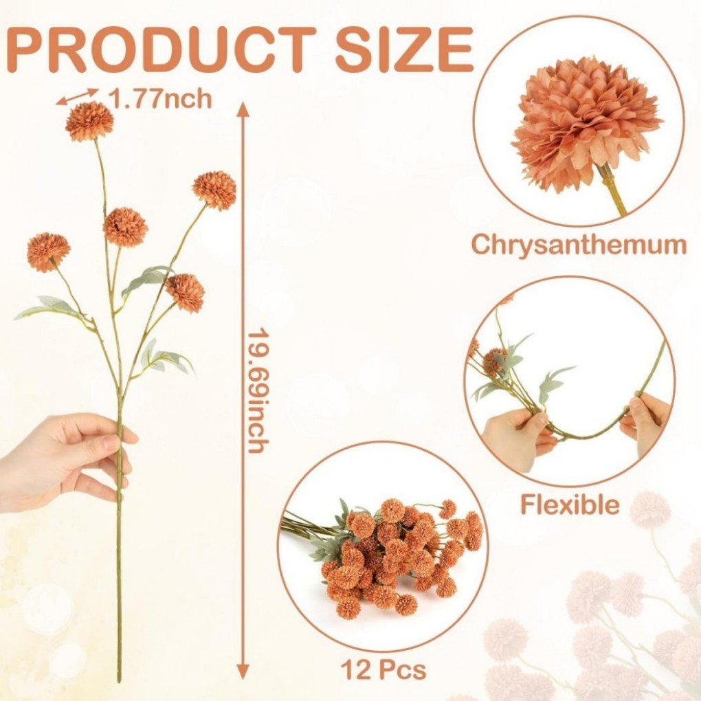 10 Pcs Artificial Dandelion Flowers(1 Pcs 5 Flower Buds) Orange Color Ornaments