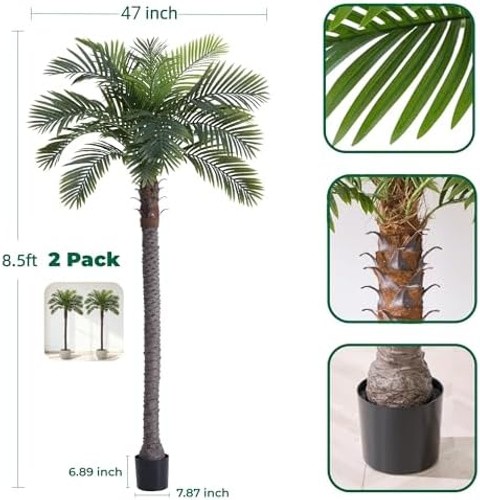 8.5FT Artificial Coconut Palm Tree Set of 2, UV Resistant Faux Sago Palm Plan…