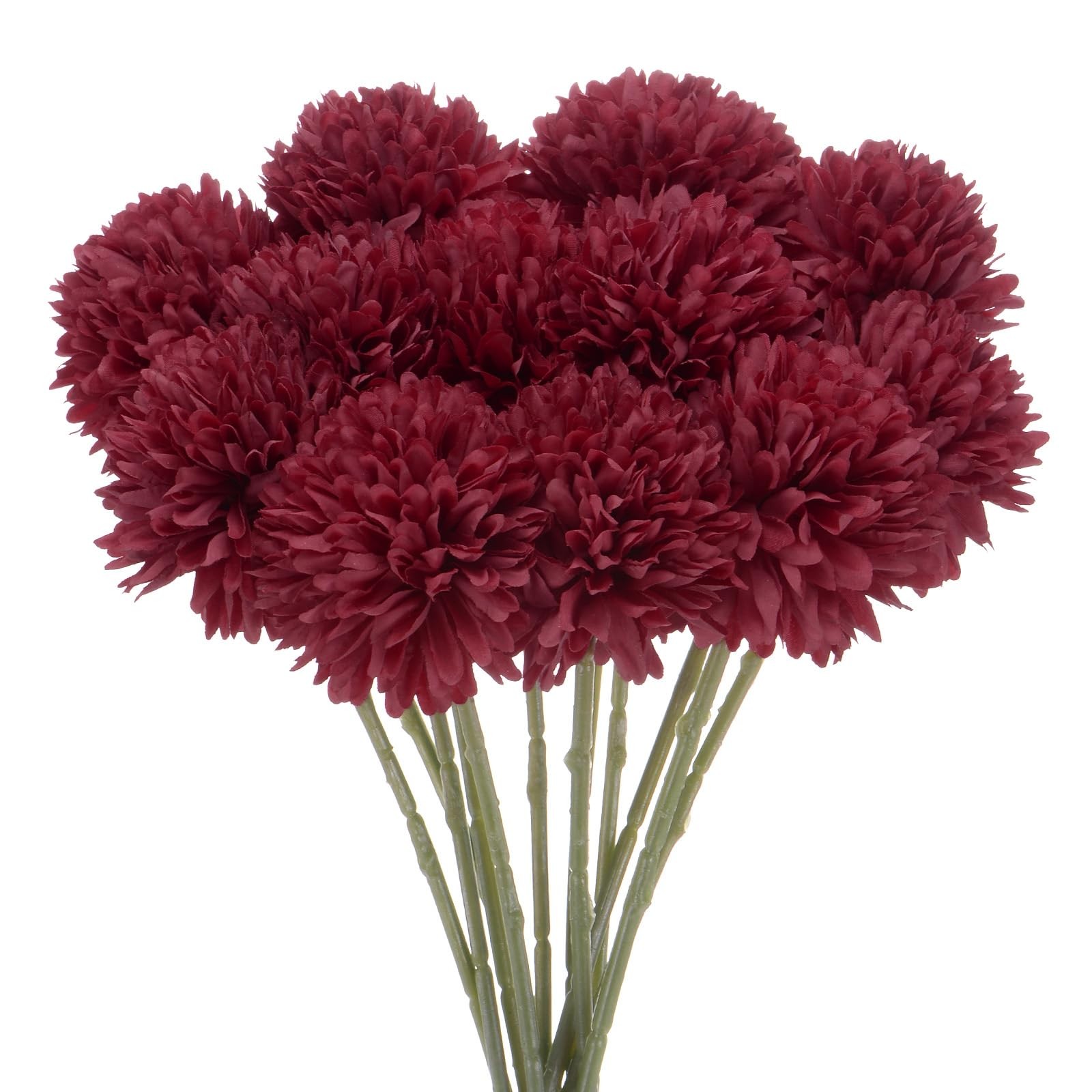 Artificial Chrysanthemum Ball Flowers 11 Inch Silk Real Touch Wine Red 12 PCS