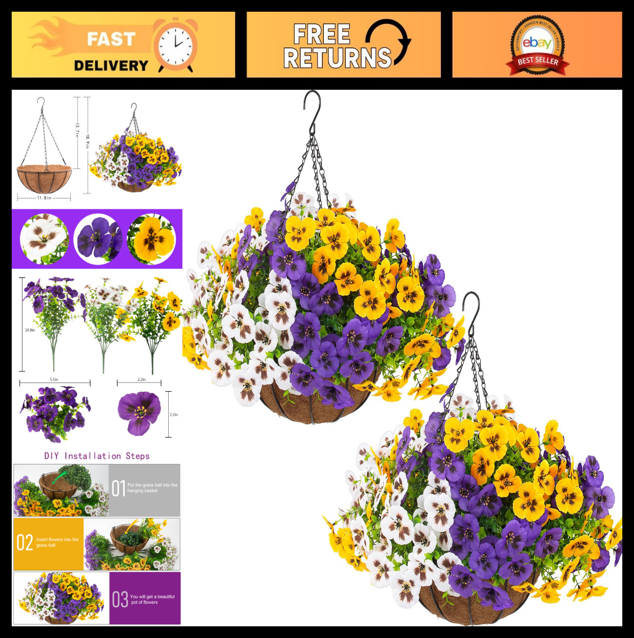 2 Sets UV Resistant Faux Silk Pansy Flowers with Baskets – 24 Pcs Outdoor Decor