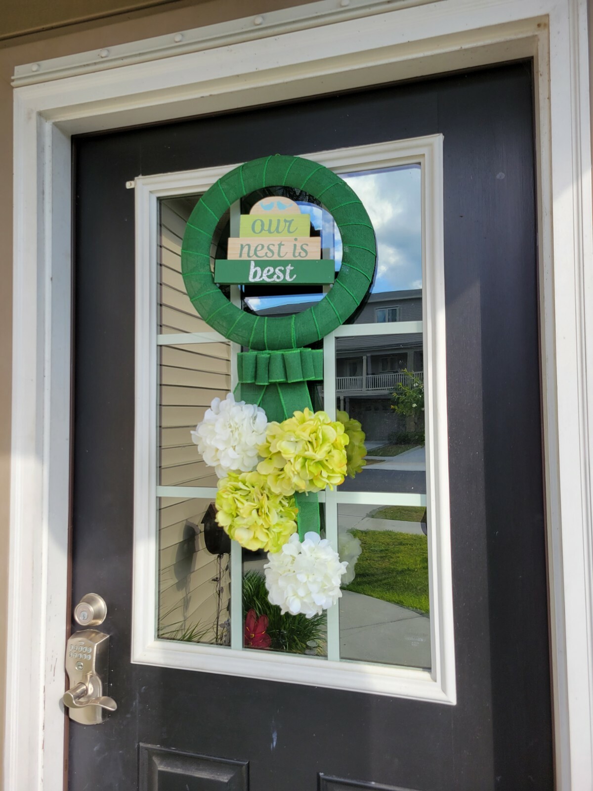 OUR NEST IS THE BEST wreat WHITE GREEN Hydrangeas burlap Decor Front Door SUMMER