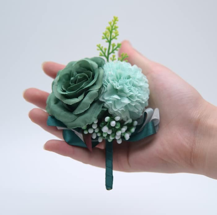 Wrist Corsage And Boutonniere Set Blackish Green Silk Flower Wedding 2 PCS