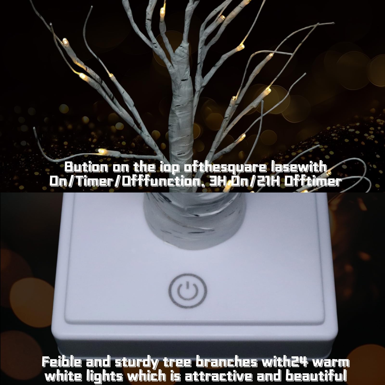Artificial Tree for Christmas Decorations, 2FT 24LED Warm White Light Up Birc…