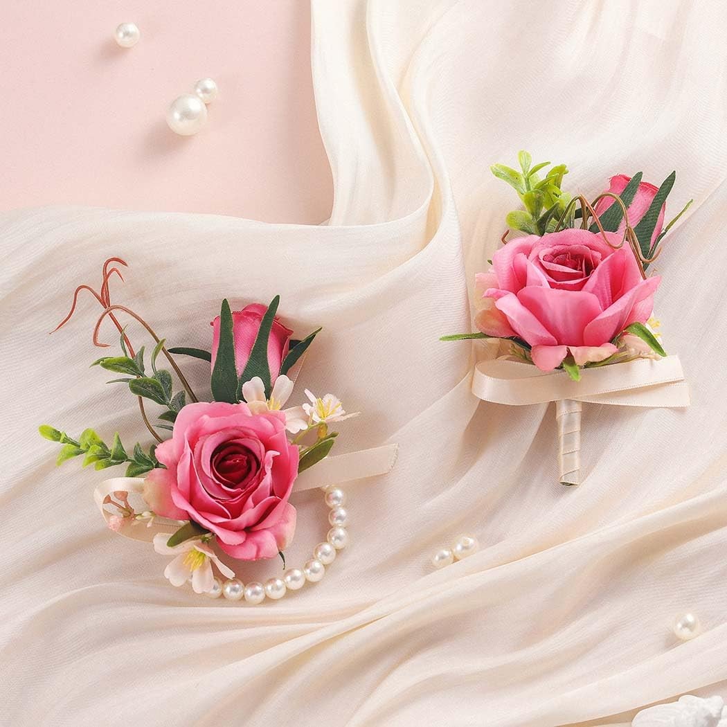 Pink Rose Corsage Boutonniere Set Groomsmen Buttonholes Wrist Decoration