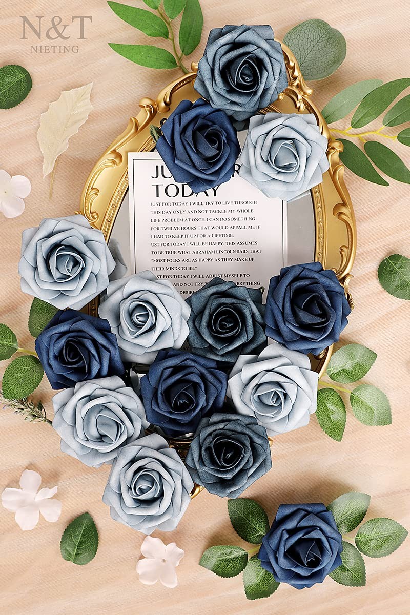 25 PCS Fake Roses Artificial Flowers Dusty Blue Shades Navy Blue Decoration