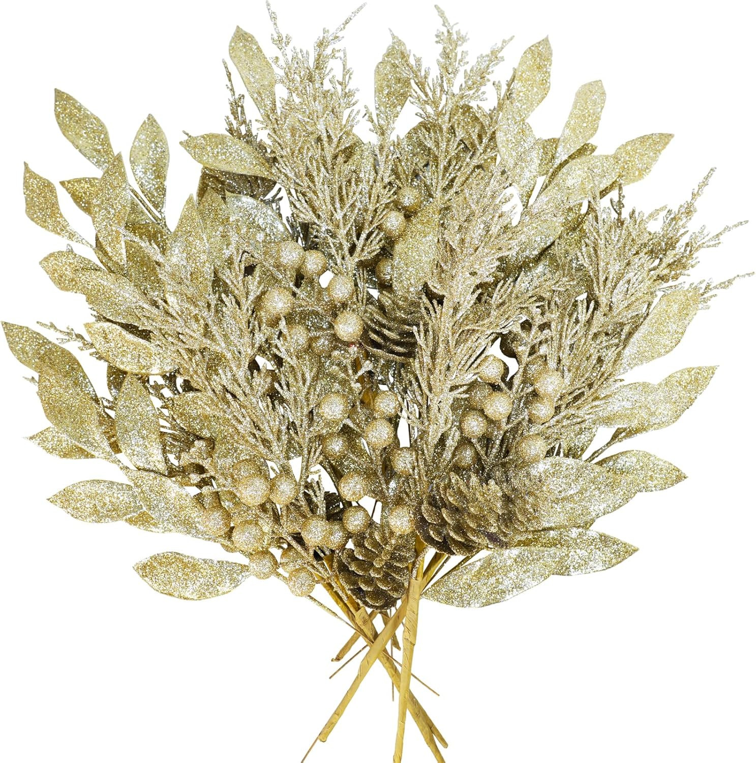 24 Pcs Champagne Glitter Leaf Picks, Pine Needles Pinecone Berry Tree Sprays Set