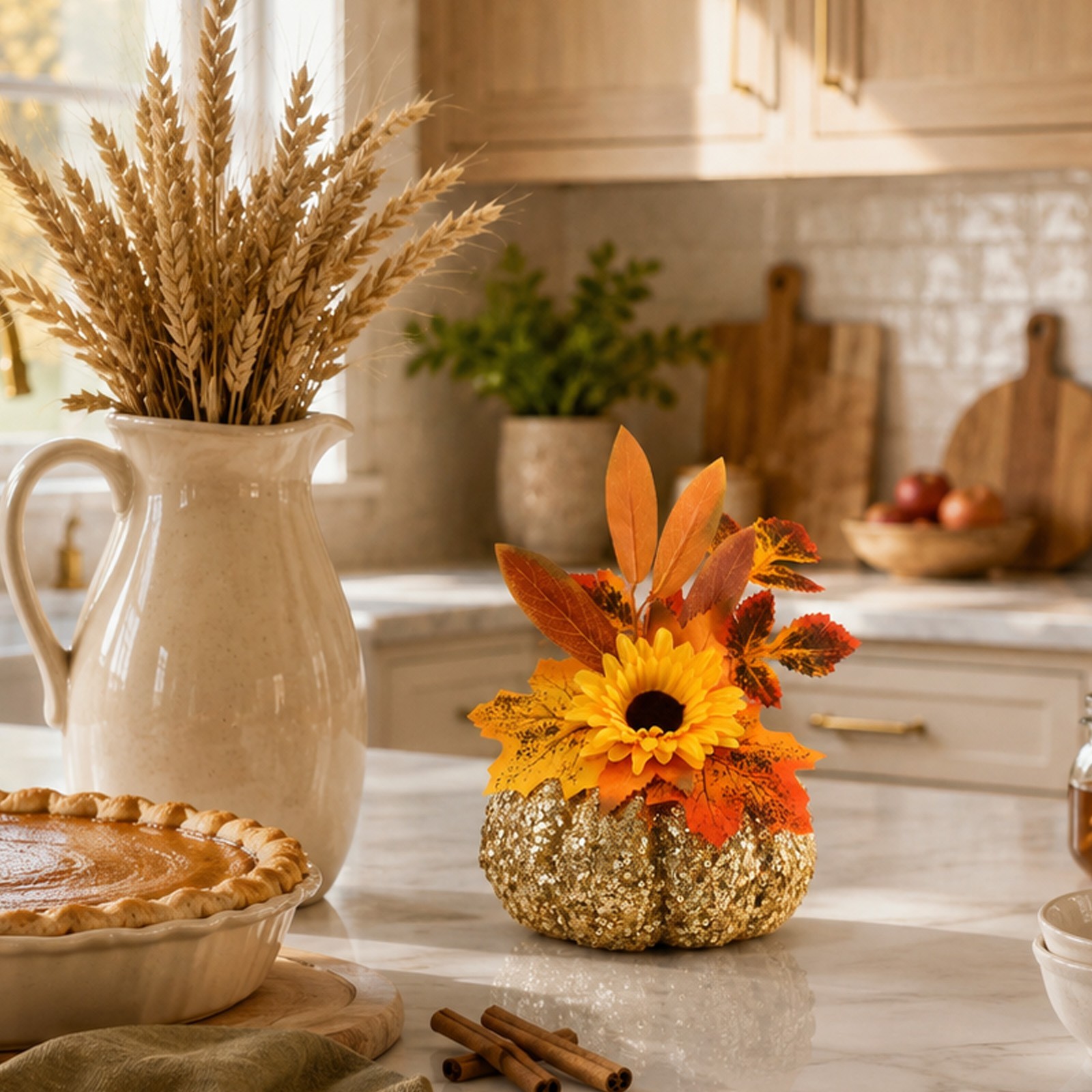 Table Centerpiece: Glitter Pumpkin with Silk Dahlias and Printed Leaves