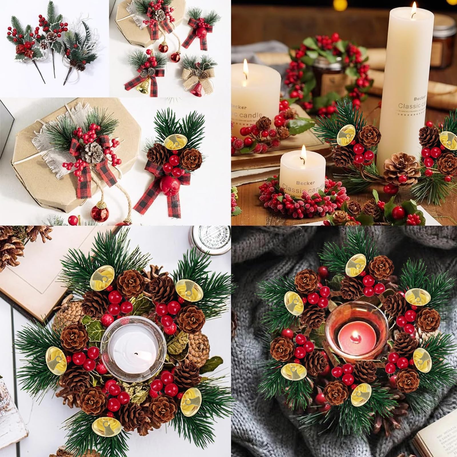 25PCS Christmas Floral Pick with Jingle Bell, Pine Cone Holly Berry Stems for…