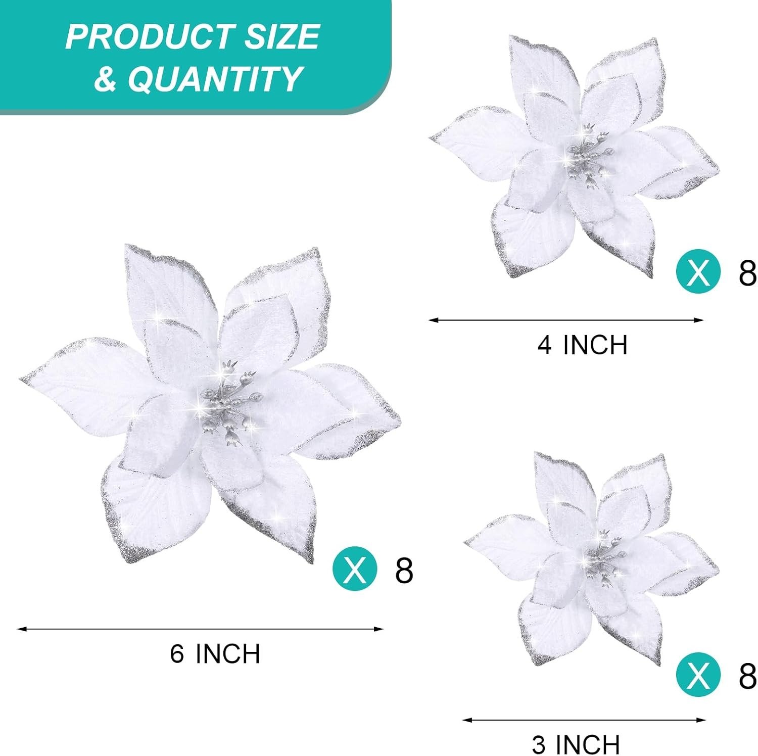 24 Pcs 3 Size Poinsettia Flower Artificial Christmas Decor Glitter Poinsettia…