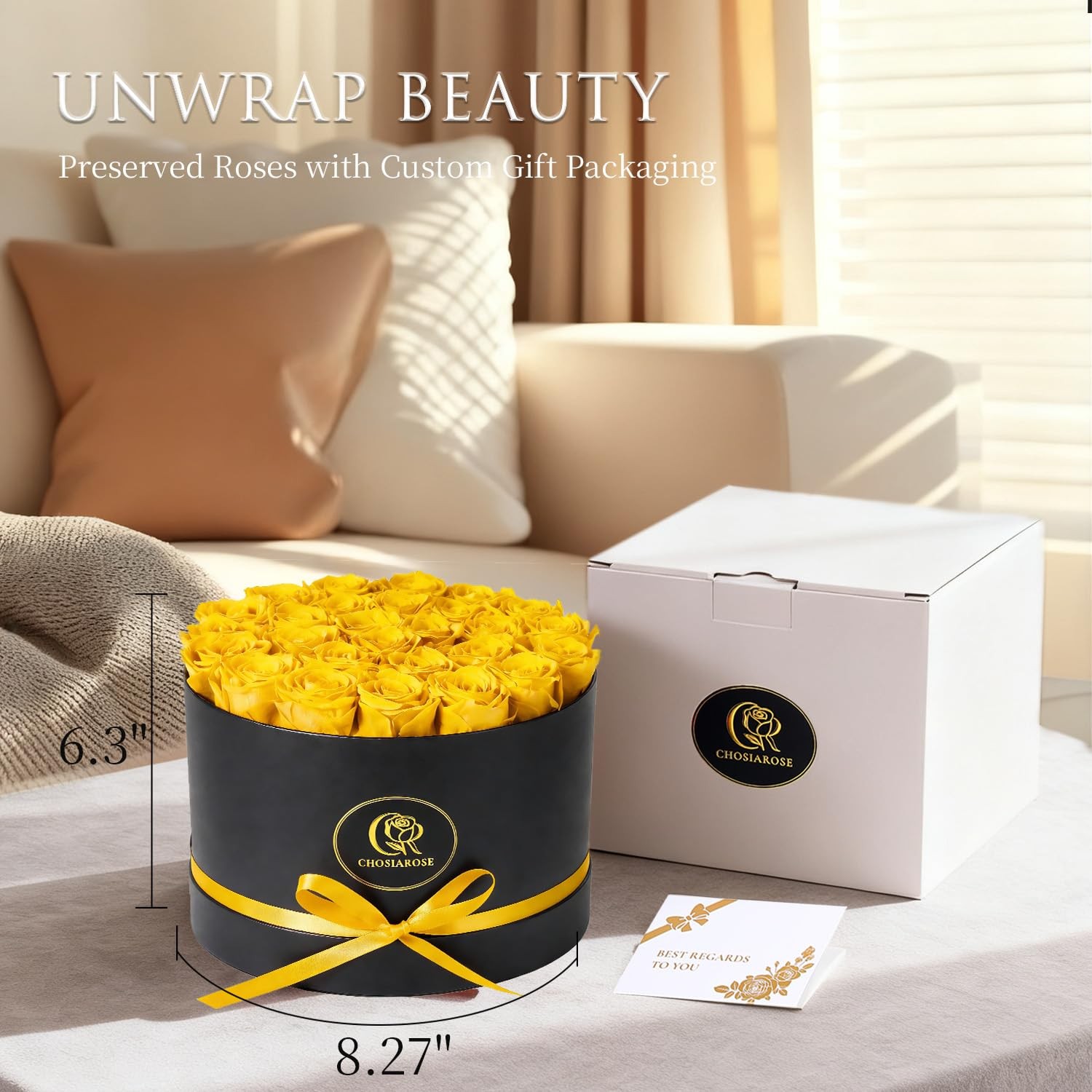 27 PCS Yellow Preserved Roses Forever Flowers Gift Box For Women Mom Wife
