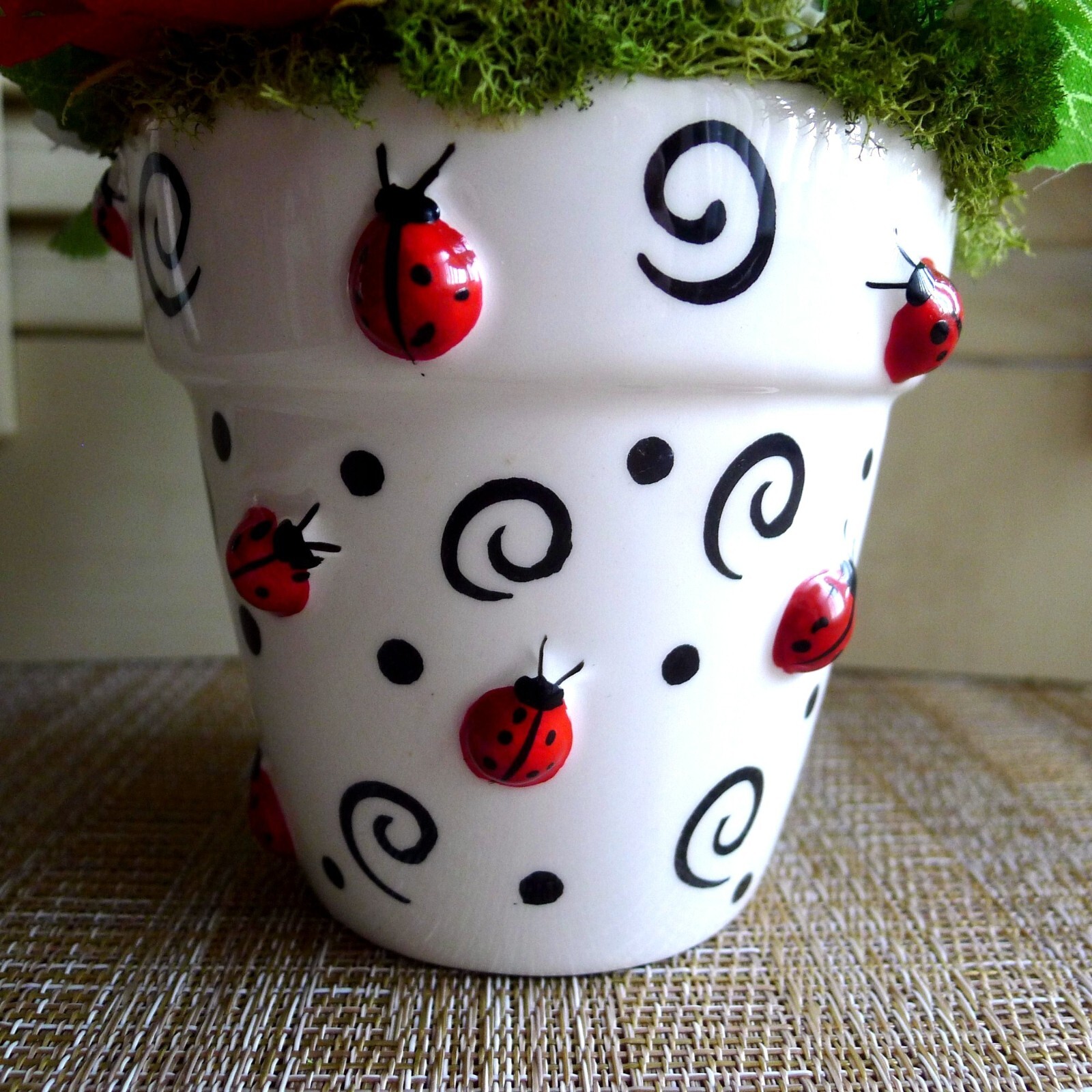 Ladybug Loveliness Flower Arrangement Red and White OOAK Floral Vintage Planter