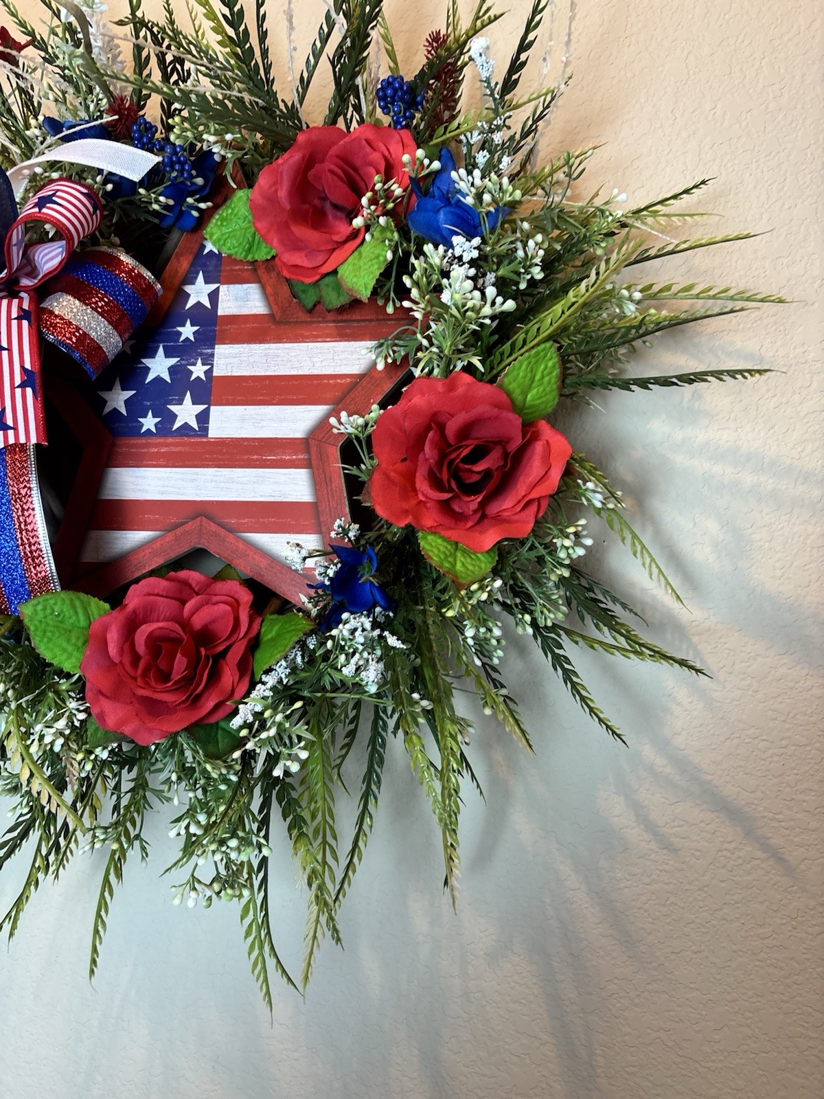 Patriotic Wreath USA Flag Red White Blue Front Door Decor Bow