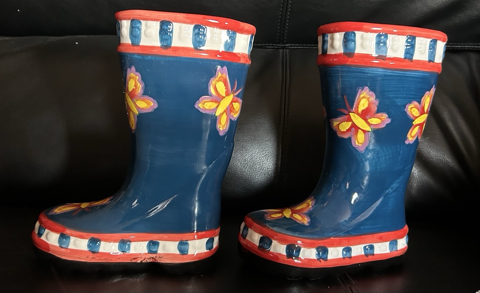 Pair Of Ceramic Butterfly Rain Boot Planter 7.5″ tall Blue,Yellow, Red, White